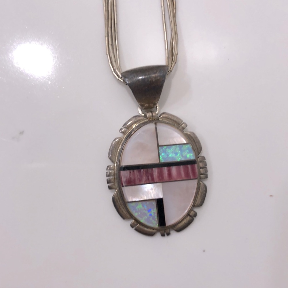 Authentic Native American Zuni sterling stone inlay necklace signed by PA Smith